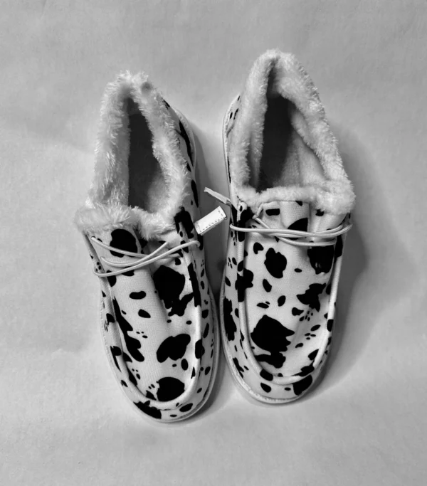 Cow Print Corduroy Fleece Lined Slip On's