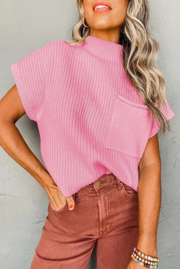 Mock Neck Short Sleeve Sweater Pink