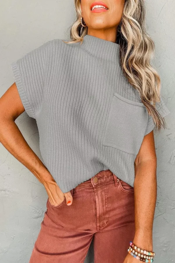 Mock Neck Short Sleeve Sweater Grey