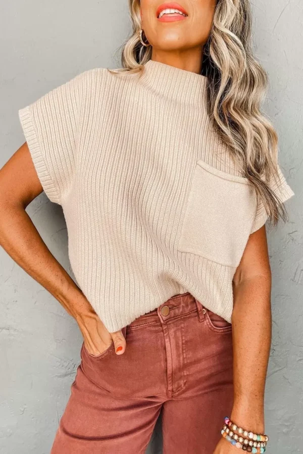 Mock Neck Short Sleeve Sweater Beige