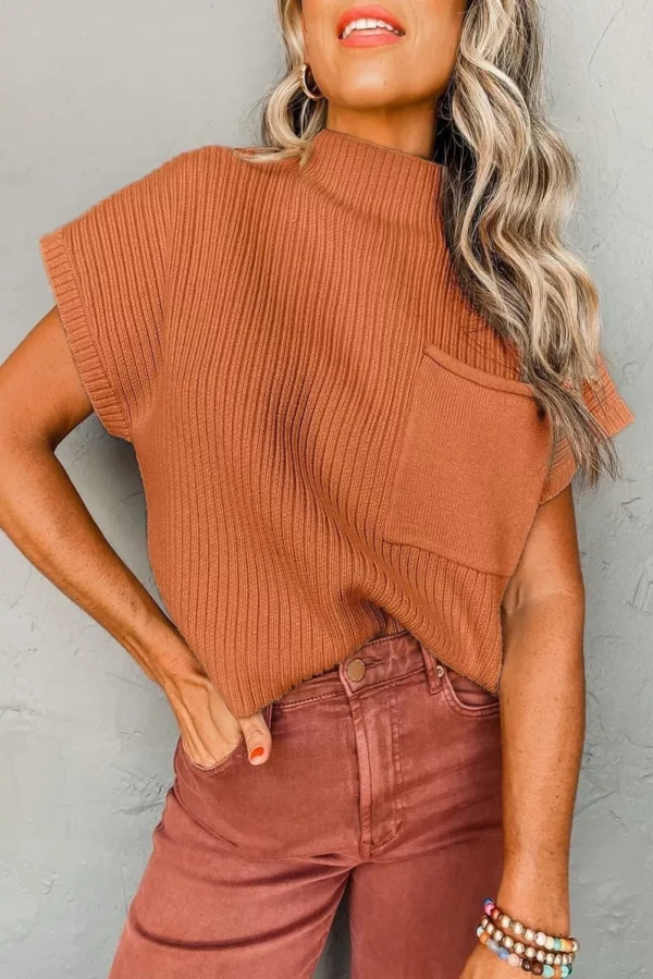 Mock Neck Short Sleeve Sweater Bronze