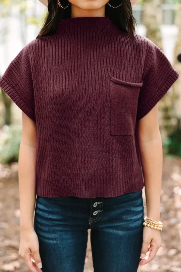 Mock Neck Short Sleeve Sweater Plum