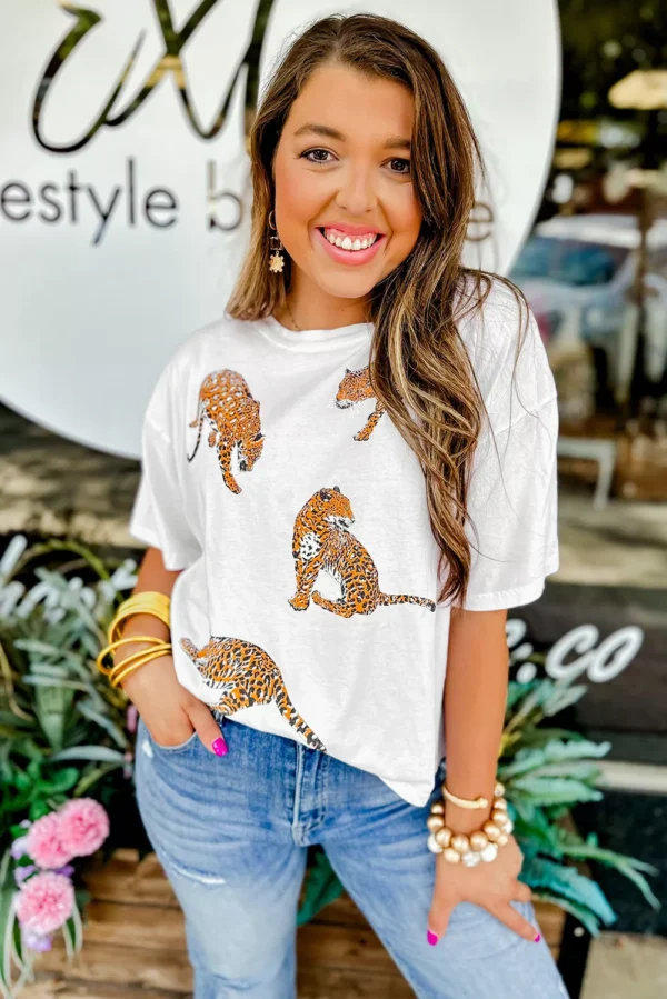 White Leopard Print Drop Shoulder Casual T Shirt